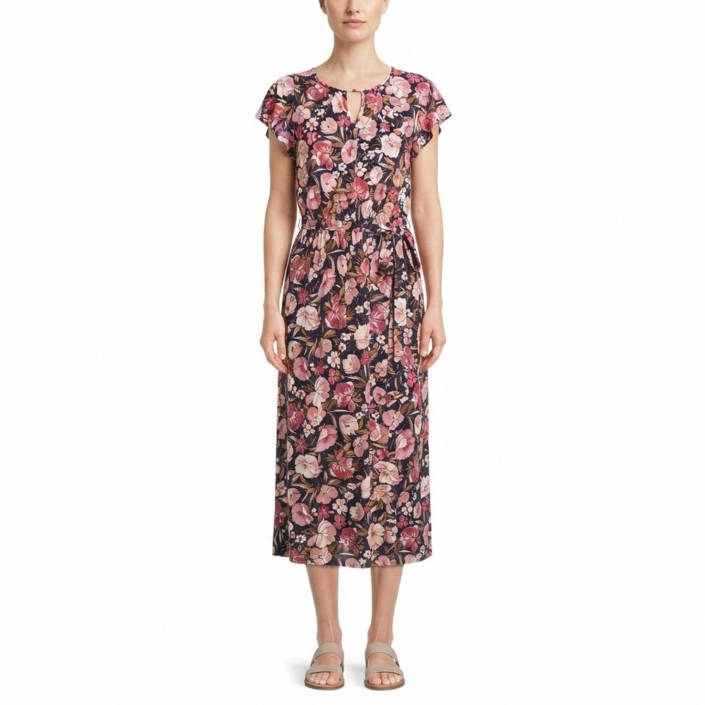 Joie de Vivre Dress Womens Medium Floral Midi Navy Pink Keyhole Ring Belted